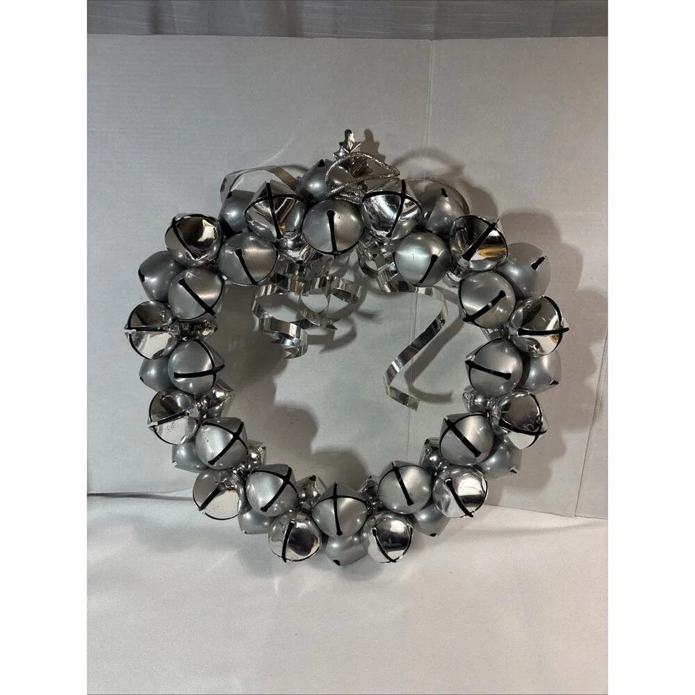Vintage Silver Jingle Bell Wreath Metallic Holly Ribbon Christmas Door Hanger13”